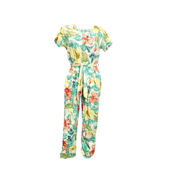 70s/80s Belted Floral Short Sleeve Jumpsuit
